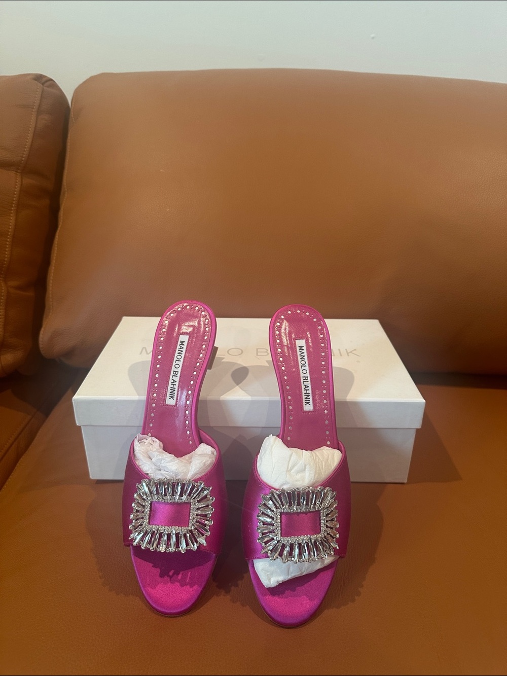 Manolo Blahnik Fuchsia Satin Crystal-Buckle Slide Mules - Picture 1 of 4